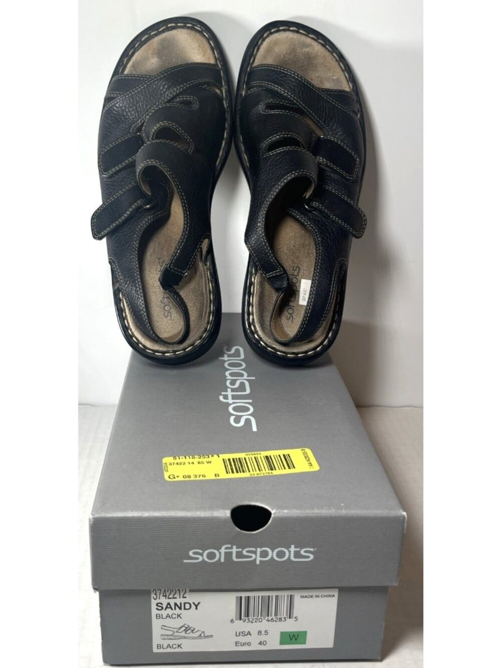 Softspots Women's Black Leather Sandals "SANDY" Size 8.5 W EURO 40